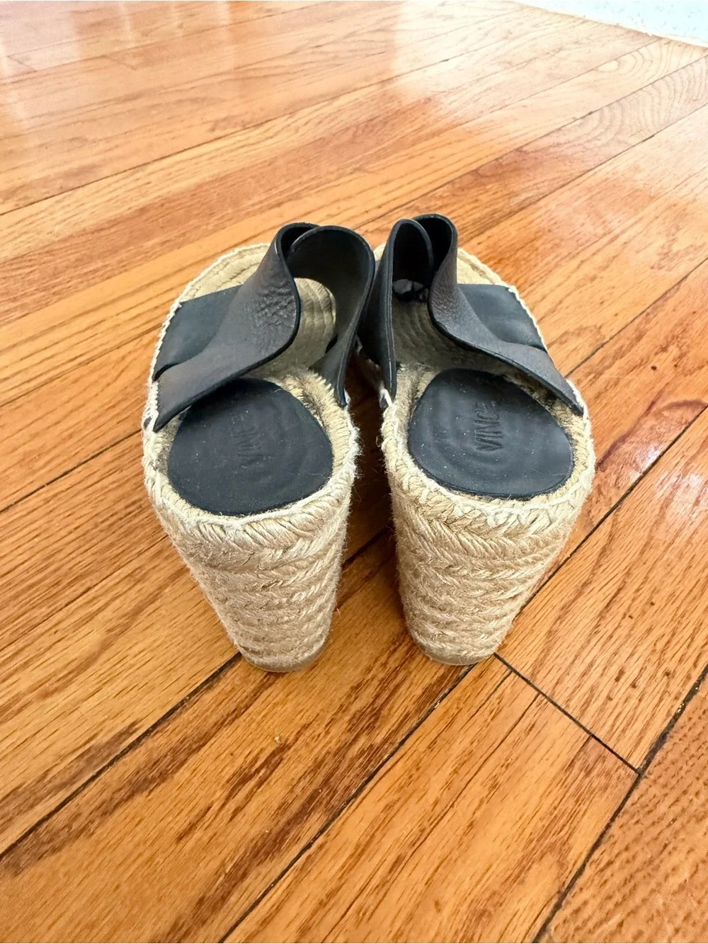 Vince Black Leather Espadrille Wedge Slides with Braided Jute Sole